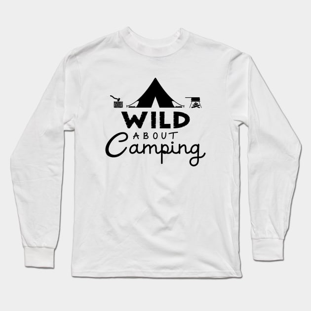 Wild About Camping Black Illustrative Design Long Sleeve T-Shirt by NataliePaskell